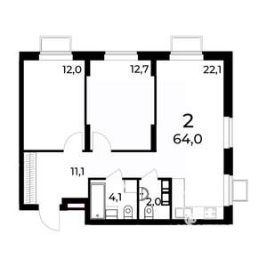 2-к квартира, вторичка, 64м2, 6/15 этаж