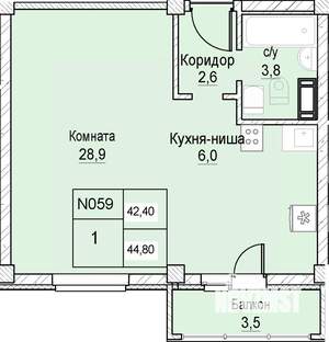 1-к квартира, вторичка, 42м2, 4/12 этаж