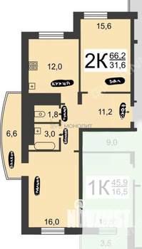 2-к квартира, вторичка, 66м2, 2/10 этаж