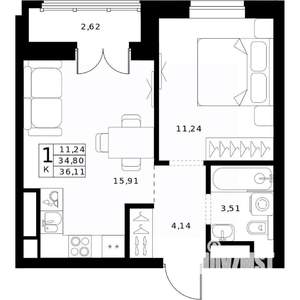 1-к квартира, строящийся дом, 36м2, 18/24 этаж