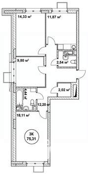 3-к квартира, строящийся дом, 75м2, 8/22 этаж