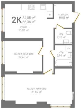 2-к квартира, вторичка, 66м2, 2/24 этаж