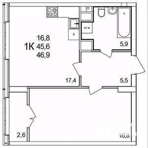 1-к квартира, строящийся дом, 47м2, 5/25 этаж