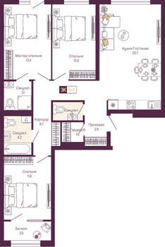 3-к квартира, вторичка, 91м2, 3/19 этаж