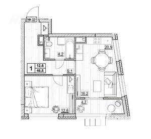 1-к квартира, вторичка, 47м2, 4/24 этаж