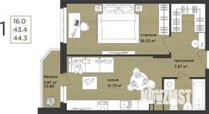 1-к квартира, строящийся дом, 44м2, 13/15 этаж