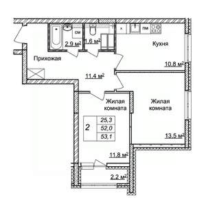 2-к квартира, строящийся дом, 53м2, 25/25 этаж