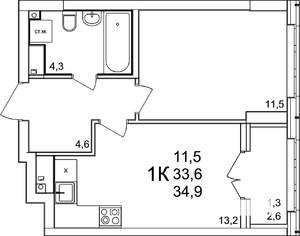 1-к квартира, вторичка, 35м2, 2/25 этаж