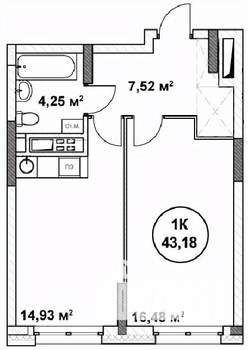 1-к квартира, строящийся дом, 43м2, 15/22 этаж