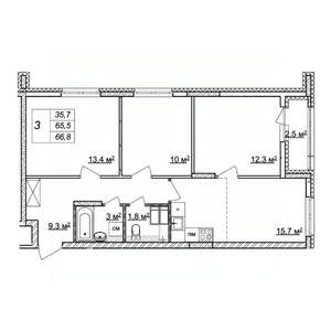 3-к квартира, строящийся дом, 67м2, 13/25 этаж