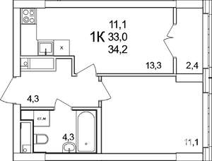 1-к квартира, вторичка, 34м2, 13/25 этаж