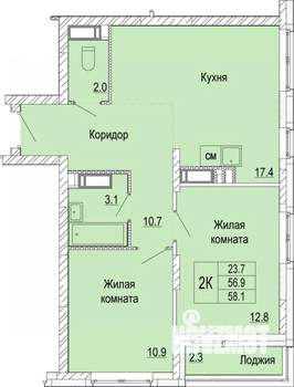 2-к квартира, вторичка, 58м2, 22/25 этаж