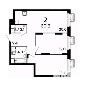 2-к квартира, вторичка, 61м2, 7/19 этаж