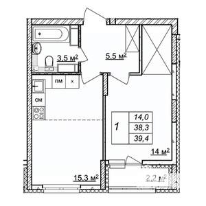 1-к квартира, строящийся дом, 39м2, 25/25 этаж