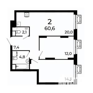 2-к квартира, вторичка, 60м2, 14/19 этаж