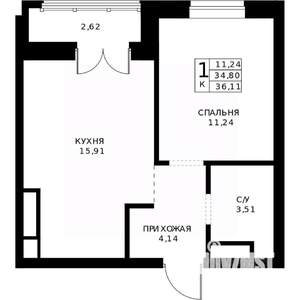 1-к квартира, строящийся дом, 36м2, 21/24 этаж