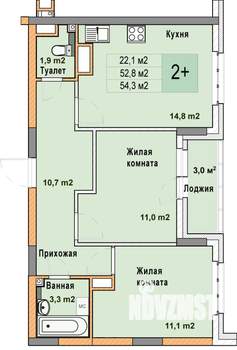 2-к квартира, вторичка, 54м2, 16/25 этаж