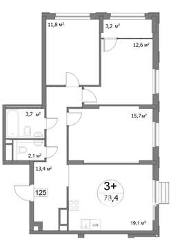 3-к квартира, сданный дом, 78м2, 15/22 этаж