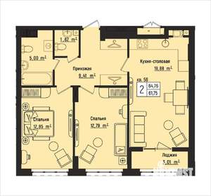 2-к квартира, вторичка, 65м2, 8/15 этаж