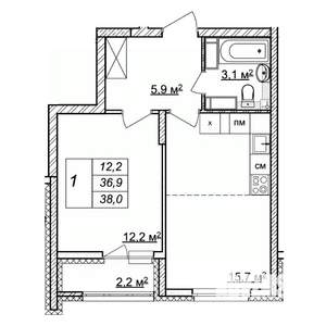 1-к квартира, строящийся дом, 38м2, 24/25 этаж