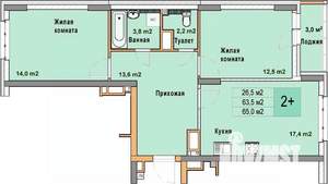 2-к квартира, вторичка, 65м2, 15/25 этаж