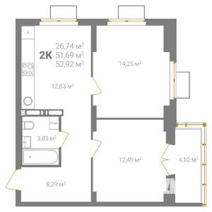2-к квартира, вторичка, 53м2, 16/18 этаж