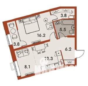 2-к квартира, строящийся дом, 55м2, 16/25 этаж