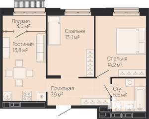 2-к квартира, вторичка, 56м2, 8/13 этаж