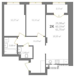 2-к квартира, вторичка, 62м2, 2/18 этаж