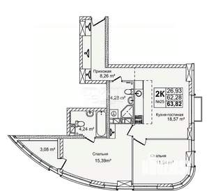 2-к квартира, вторичка, 64м2, 3/16 этаж