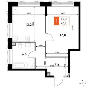 1-к квартира, вторичка, 45м2, 2/16 этаж