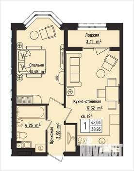 1-к квартира, вторичка, 42м2, 8/15 этаж