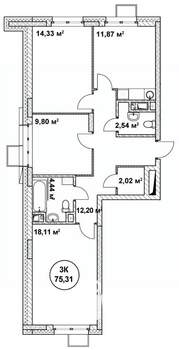 3-к квартира, строящийся дом, 75м2, 9/22 этаж