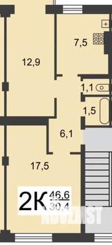 2-к квартира, вторичка, 46м2, 2/5 этаж