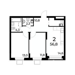 2-к квартира, вторичка, 57м2, 13/15 этаж