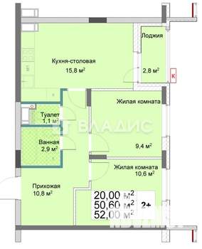 2-к квартира, вторичка, 52м2, 11/12 этаж