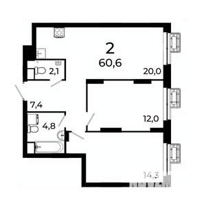 2-к квартира, вторичка, 60м2, 15/19 этаж