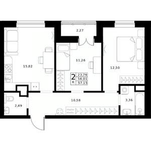 2-к квартира, строящийся дом, 57м2, 11/24 этаж