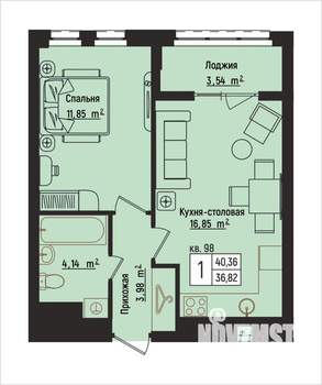 1-к квартира, вторичка, 40м2, 12/15 этаж