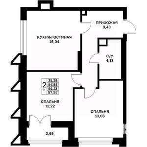 2-к квартира, строящийся дом, 56м2, 8/17 этаж