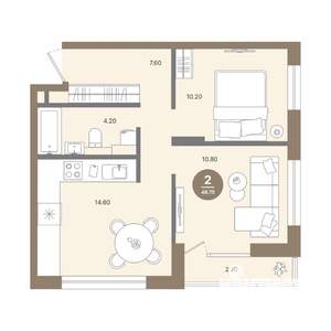 2-к квартира, вторичка, 49м2, 14/18 этаж