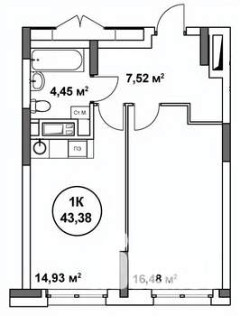 1-к квартира, строящийся дом, 43м2, 11/22 этаж