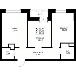 2-к квартира, строящийся дом, 55м2, 9/24 этаж