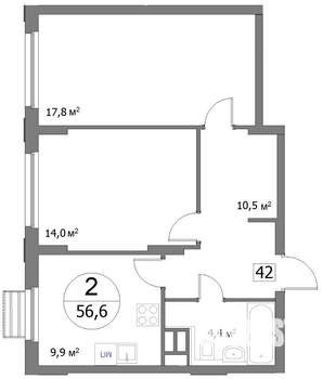 2-к квартира, строящийся дом, 57м2, 6/22 этаж