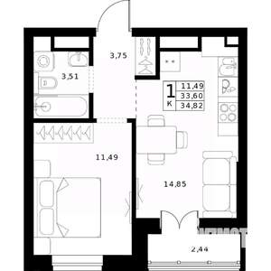 1-к квартира, строящийся дом, 35м2, 18/24 этаж