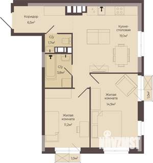 2-к квартира, строящийся дом, 58м2, 4/8 этаж