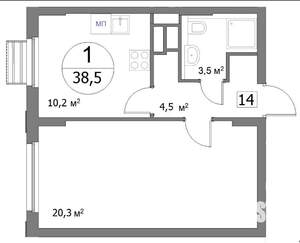 1-к квартира, строящийся дом, 38м2, 7/22 этаж