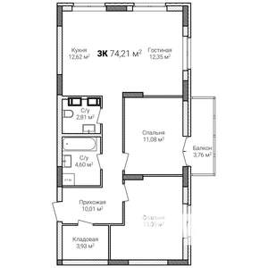 3-к квартира, строящийся дом, 74м2, 3/15 этаж