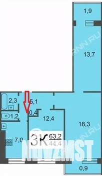 3-к квартира, вторичка, 63м2, 3/9 этаж