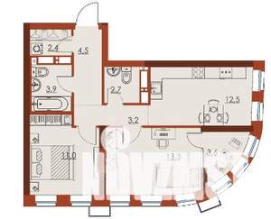 2-к квартира, строящийся дом, 57м2, 20/25 этаж